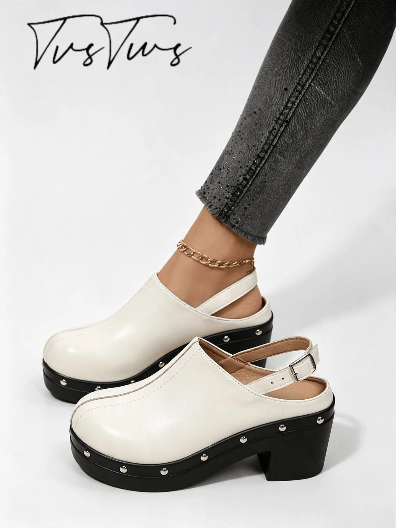 Women's Metal Strap Loafer Mule Slippers With Rivets, Platform Thick Sole High Heel Backless Slouchy Half-Slip-On Shoes - Beige - View 1