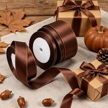 Dark Brown Polyester Satin Ribbon 25 Yards Multiple Widths 0.6cm-4cm (1/4"-1.57") Thanksgiving Christmas Halloween Wedding Party Favor Ribbon Bouquet Tie Gift Box Packaging Ribbon Party Floral Clothing Alteration Handmade DIY Decorative Accessory - Dark Brown Gold-edged Ribbon - View 1
