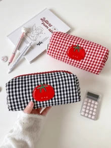 1pc Tomato Plaid Pattern Pencil Case, Fashionable High-Quality Stationery Storage Box And Desk Organizer, Portable Large Capacity Pen Bag, Student Gift, School Supplies, Christmas Gift, Back To School Essential - Tomato Plaid Pencil Case - View 4