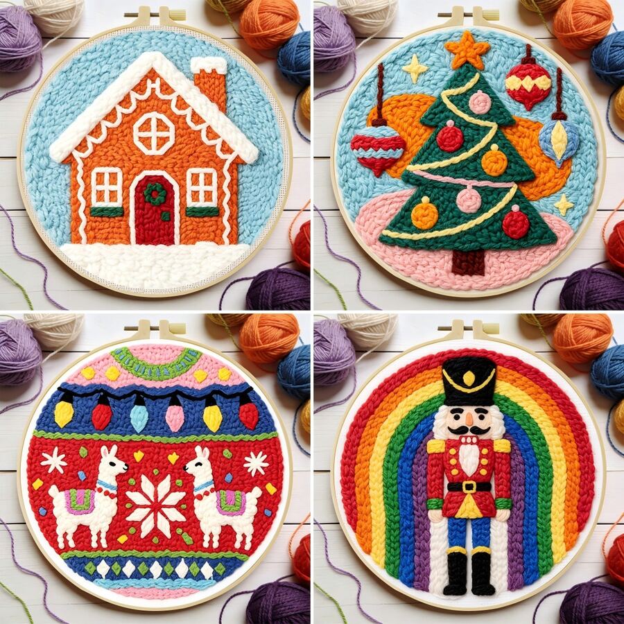 Christmas Theme Punch Needle Embroidery Kit, 1 Pack Cross Stitch Kits,DIY Embroidery Starter Kit For Adults & Beginners, DIY Needlepoint Kit With Embroidery Hoop Thread Needle For Craft Lover Birthday Christmas Gifts ,20*20cm/7.9*7.9in