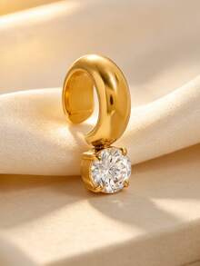 Uself 1pc Gold Chunky Stainless Steel Round Cubic Zirconia Clip-On Earrings, Non-Pierced Clip-On Ear Jewelry, Delicate Hole-Free Earring Accessories, Suitable For Women, Minimalist Statement Cartilage Earrings - Multi-color 4 - View 3