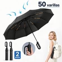 AMOROSA 1/2-Piece Reinforced Windproof Umbrella For Heavy Rain And Sun, Automatic Folding Umbrella With Durable Ribs, 60-Rib Or 50-Rib Model With Ring Handle, UV Protection, Daily Use, Travel, Office - Black - Black - View 2
