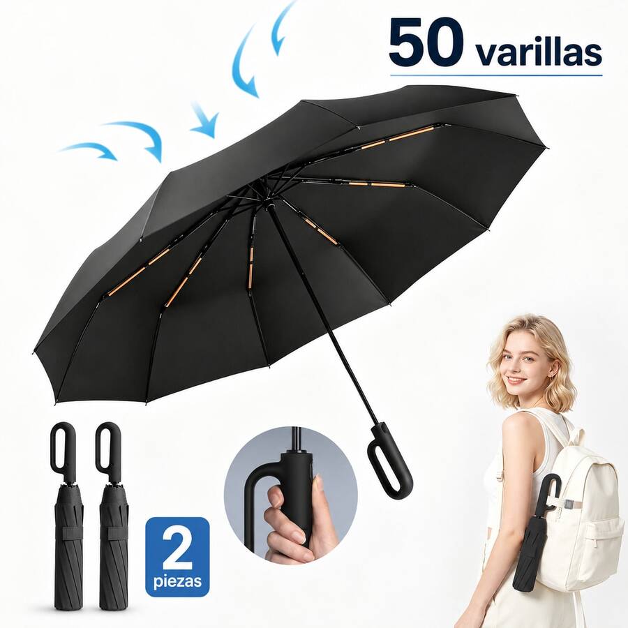 AMOROSA 1/2-Piece Reinforced Windproof Umbrella For Heavy Rain And Sun, Automatic Folding Umbrella With Durable Ribs, 60-Rib Or 50-Rib Model With Ring Handle, UV Protection, Daily Use, Travel, Office - Black