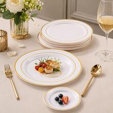 10/25/50 Pack 10.25 & 7.5 Inch White Round Double Gold Rim Dinner Plates, Classic Serving Trays For Fall Family Gatherings & Halloween Parties, Everyday Tableware Must-Haves For Home Hosts, Great For Thanksgiving Christmas - White - View 12