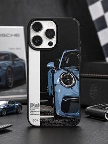 1PC Split Black White Panel Light Blue 911 Sports Car Racing Art Phone Case Compatible With Iphone 17 16 15 14 13 Pro Max, Leather Texture Shockproof Phone Case For Car Lovers - Black - View 5