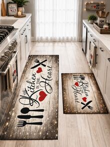 1pc Black White Red Heart English Slogan Pattern Kitchen Mat, Vintage Country Farmhouse Style, Distressed Wood Grain Print Design, Anti-Slip Wear-Resistant, Suitable For All Seasons, Daily Kitchen, Sink Area, Cooking Zone And Home Decor - Multicolor - View 1