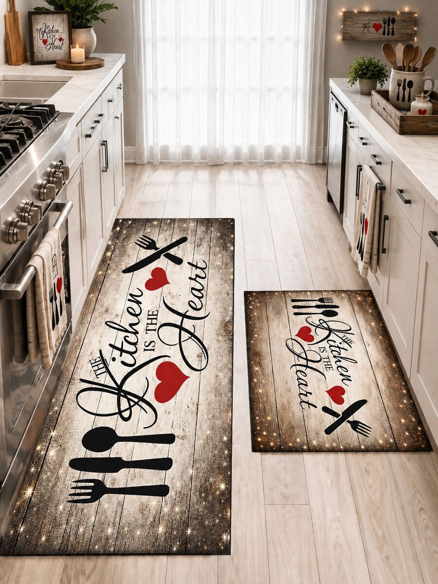 1pc Black White Red Heart English Slogan Pattern Kitchen Mat, Vintage Country Farmhouse Style, Distressed Wood Grain Print Design, Anti-Slip Wear-Resistant, Suitable For All Seasons, Daily Kitchen, Sink Area, Cooking Zone And Home Decor - Multicolor - View 1
