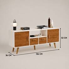 Rack Barcelona para TV em MDF com 2 Portas e 2 Gavetas – Design Moderno e Elegante - Off White/Freijó - 1PC - Visão 5
