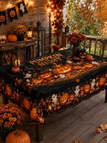 Black And Orange Pumpkin-Themed Halloween Tablecloth – Rectangular Table Cover Featuring Jack-O'-Lanterns, Ghosts, And Autumn Leaves – Ideal For Dining Table Decor, Halloween Parties, Fall Harvest Themes, And Home Kitchen Styling - Multicolor - View 14