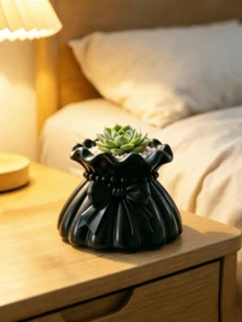 Pot Tanaman Sukulen Berbentuk Dompet dengan Pita Cetak 3D, Warna Hitam, Pot Bunga Saku dengan Tepi Bergelombang Kreatif, Vas Dekorasi Tanaman Hijau untuk Meja, Penyimpanan Meja - A - View 3