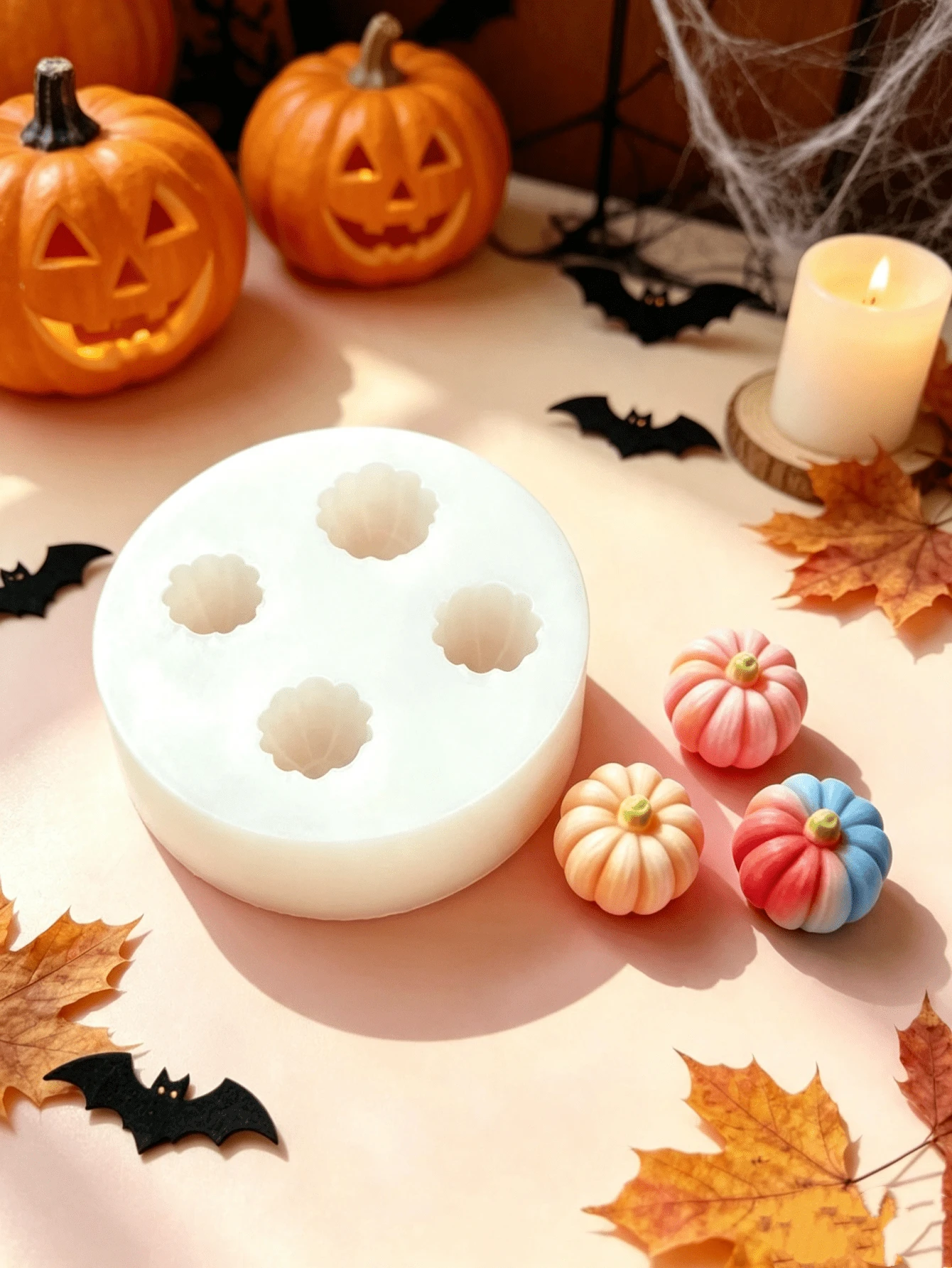 1pc Halloween 4-Piece Mini Pumpkin Shaped Decorative Candle Mold, Photography Prop, Resin Handmade Decoration Accessory, Easy Release, Reusable Silicone Mold - A-White - View 1