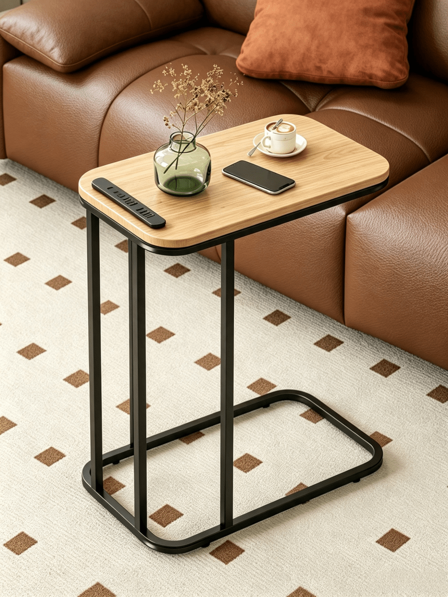 1pc Narrow Sofa Side Table‑With Wood Grain Tabletop And Metal Frame, Sturdy And Durable, Movable Side Table, Can Be Used As Coffee Table / Computer Table / Tea Table, Suitable For Placing Beside Sofa And In Bedroom, Usable Indoors And Outdoors