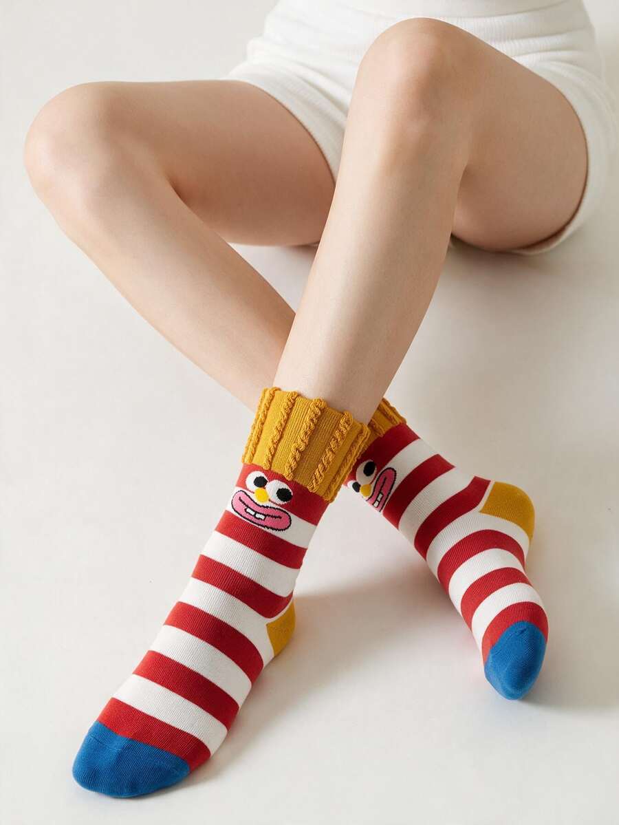 1 par de calcetines de mujer con bloques de color y diseño de dibujos animados lindos, uso diario fresco - Multicolor - Ver 1