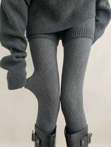 Women's Autumn/Winter Diamond Pattern Knitted Tights, Soft Breathable High Elasticity Knitted Stockings, Fitted Elastic Waist Geometric Pattern Hosiery, Comfortable Textured Tights, Suitable For Daily Commute, Casual Wear In Cold Weather - Multicolor - View 4