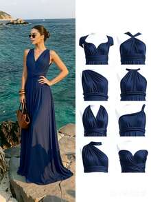Elegant Dress, Multi-Wear Design With Criss-Cross Backless Sexy Minimalist Dress, Spring/Summer Party Wedding Fall - Navy Blue - View 2