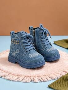 1 Pair Children's Vintage Denim Texture Boots With Embroidery And Side Zipper, Suitable For School, Casual Wear, Autumn/Winter - Blue - View 4