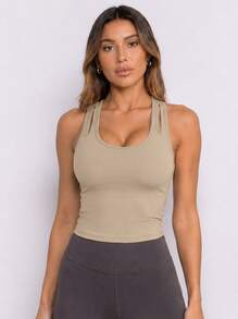 Never me Women's Sports Tank Top With Removable Padding, U-Neck Racerback, Slim Fit Running Fitness Sports Bra - Khaki - View 7