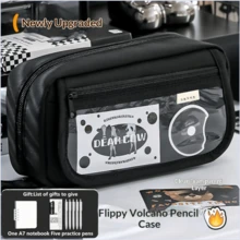 1pc Large Opening Volcano Shaped Student Pencil Case, 180° Expandable, Large Capacity Design, Transparent Fabric Window On Front, Multi-Layer Zipper Compartments For Stationery Storage; Can Be Placed On Desk For Pencil, Eraser And Other Stationery Storage, Also Can Be Put In Backpack For Storage, Ideal Choice For Back To School Season. - Minimalist Volcano Pencil Case With Flap - View 16