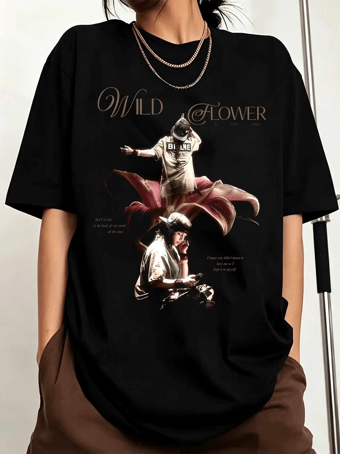 Vintage Billie Eilishh Wild Flower Tee, Double Portrait, Giant Flower & Cursive Text, Dark Retro Aesthetic, Oversized Unisex For Pop Fans - Black - View 1