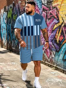 Conjunto deportivo de hombre de estilo casual urbano de la serie minimalista con diseño de "Cuadrado geométrico y letra PLCO" - Tela de punto de poliéster, diseño de cuello redondo, pantalones cortos con cordón, detalles de bolsillo, ajuste regular, adecuado para tallas grandes - Multicolor - Ver 1