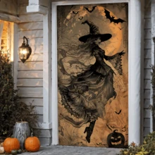 Halloween Ghost Door Curtain - Witch, Full Moon, Bat And Pumpkin Pattern _ Durable Polyester Fiber Outdoor_Indoor Decoration - A - View 2