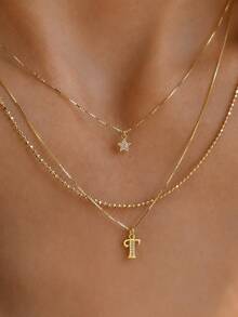 3pcs Set Exquisite Gold Layered Letter Necklace Set, Personalized Letter And Rhinestone Star Pendant, Beaded Chain, Layerable Y2K Style Jewelry Gift For Women And Girls - Yellow - View 3