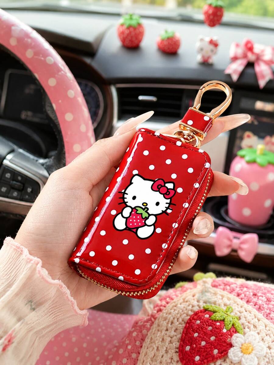 SANRIO 1個 Hello Kitty 車鑰匙保護套，便攜式拉鍊鑰匙收納包附掛鉤夾，可愛女性車鑰匙鑰匙圈收納袋，適合日常攜帶與旅行 - 彩色 - 查看 1