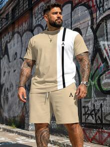 Men's Street Casual Simple Series "Vertical Stripe Contrast Color Letter A" Pattern Design Sportswear Set - Polyester Knit Fabric, Round Neck Design, With Drawstring Shorts, Pocket Details, Regular Fit, Suitable For Plus Size - Multicolor - View 1