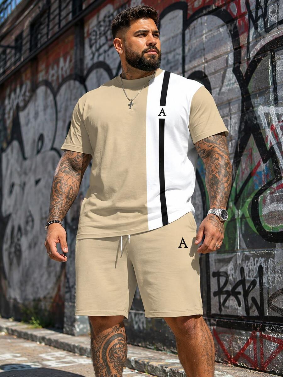 Men's Street Casual Simple Series "Vertical Stripe Contrast Color Letter A" Pattern Design Sportswear Set - Polyester Knit Fabric, Round Neck Design, With Drawstring Shorts, Pocket Details, Regular Fit, Suitable For Plus Size - Multicolor - View 1