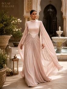 Women's Blush Pink High Neck Rhinestone-Trim Ruched Pleated Cape Sleeve Maxi Evening Gown, Elegant Modest Formal Dress For Wedding Guest - Dusty Pink - View 3