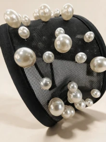 Korean Style Wide Mesh Headband With Pearl & Rhinestone Embellishments, Heavy Craftsmanship, Fashionable Elegant Versatile Hair Accessory For Women - Multicolor - View 6