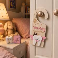 Wooden Tooth Fairy Door Handle Sign 10*25cm Children's Tooth Loss Commemorative Door Plaque Cute Tooth Wings Crown Star Decoration Baby Milk Tooth Loss Commemorative Children's Room Door Decor Tooth Fairy Gift - Multicolor - View 3