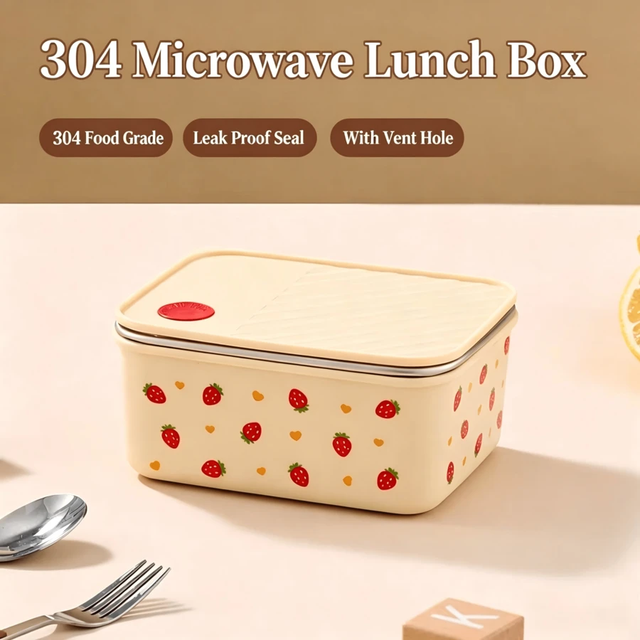 700ML 304 Stainless Steel Material Fashionable Healthy Cute Cream Strawberry Bento Box/Lunch Box Suitable For School/Work/Camping/Hiking - Creamy Strawberry - View 1