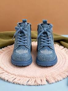 1 Pair Children's Vintage Denim Texture Boots With Embroidery And Side Zipper, Suitable For School, Casual Wear, Autumn/Winter - Blue - View 6