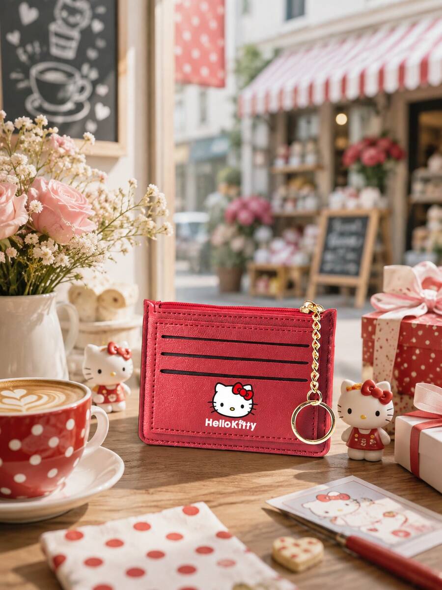 SANRIO 1PC Hello Kitty Card Holder Wallet, Multi-Slot Card Case With Zipper Coin Pocket & Key Ring, Compact ID Wallet For Women Daily Use, Travel & Shopping - Multicolor - View 1