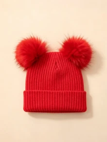 1pc Kids Ribbed Dual Pom-Pom Solid Color Ribbed Knit Beanie Warm Hat For Winter Outdoor - 1PC - View 15