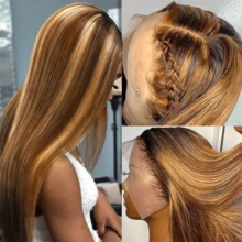 13x6 34Inch Ombre Highlight Straight Lace Front Wig 200% Density #4/27 Piano Color Honey Blonde Brown Wig Blended Hair Wig 13X4 Transparent Lace Frontal Wig For Women Pre Cut Lace Wear And GO Glueless Wig Pre Plucked Balayage 5x5 4x4 Lace Closure Wig - SP4/27 - View 4