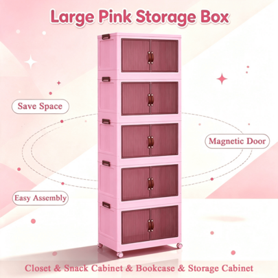 Caja de almacenamiento apilable de 5 niveles con tapa y ruedas, adecuada para el hogar, oficina, dormitorio, snacks, contenedores de almacenamiento de plástico rosa grandes con tapas