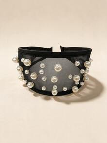 Korean Style Wide Mesh Headband With Pearl & Rhinestone Embellishments, Heavy Craftsmanship, Fashionable Elegant Versatile Hair Accessory For Women - Multicolor - View 5