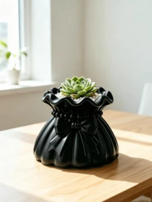 Pot Tanaman Sukulen Berbentuk Dompet dengan Pita Cetak 3D, Warna Hitam, Pot Bunga Saku dengan Tepi Bergelombang Kreatif, Vas Dekorasi Tanaman Hijau untuk Meja, Penyimpanan Meja - A - View 6
