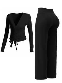 2pcs Cross Strap Long Sleeve Cover-Up Sports Bra High Waist Flared Yoga Pants Slim Fit Fitness Set - Black - View 1