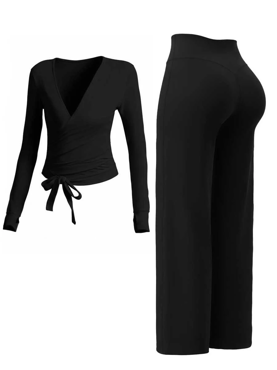 2pcs Cross Strap Long Sleeve Cover-Up Sports Bra High Waist Flared Yoga Pants Slim Fit Fitness Set - Black - View 1