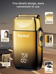 Kemei KM-TX10 Electric Shaver For Men, LCD Display Foil Shaver With Stainless Steel Blade, 3-Speed Adjustable, Rechargeable Beard Trimmer With Spare Blade Head/Foil Net/Frame - Gold - View 3