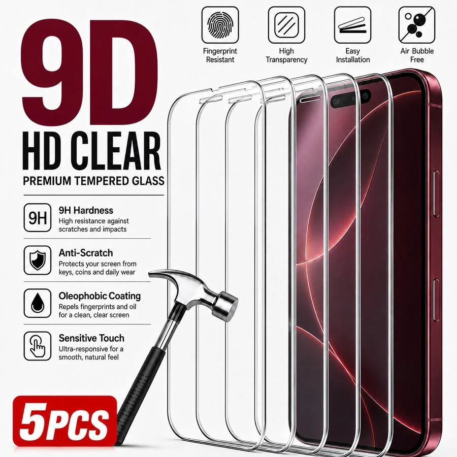 5PCS 9H Tempered Glass Screen Protector Compatible With Iphone 17/16 Pro Max/16 Pro/16 Plus/16/15 Pro Max/15 Pro/15 Plus/15/14 Pro Max/14 Pro/14 Plus/14/13 Pro Max/13/12 Pro Max/12/11 Pro Max/11/XR/XS Max/XS, Ultra Clear HD Glass, Full Screen Protection, Anti-Fingerprint, Scratch Resistant, Bubble-Free Install, Smooth Touch, Slim Case Compatible - Clear - View 1