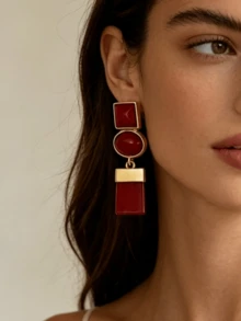 ZAA Geometric Color Block Resin Dangle Earrings, Mid-Century Retro Multi Stone Statement Drop Earrings For Fall Daily Party - Gold - View 10