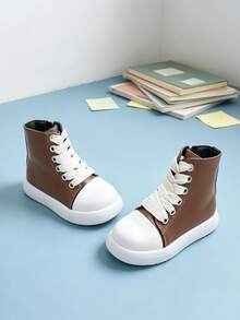 1 Pair Children's Minimalist Patchwork Round Toe High-Top Leather Boots With Unique Thick Shoelace Design, Suitable For Weekend Outings, Light Outdoor Styling, School And Commuting - Brown - View 9
