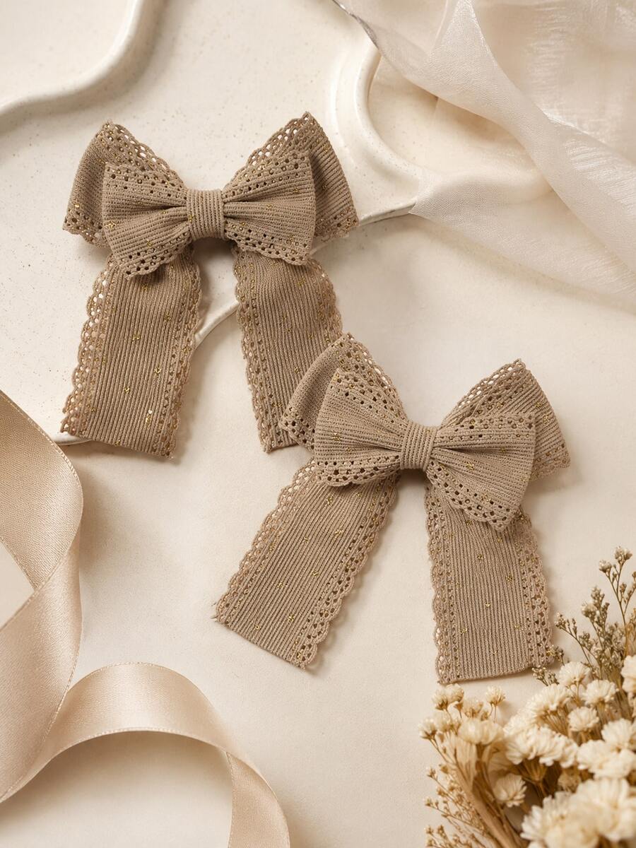 2pcs Coffee Floral Embroidery Lace Ribbon Bow Hair Clips For Girls, Cute Barrettes, Alligator Clips, Daily Party Hair Accessories - Multicolor - View 1