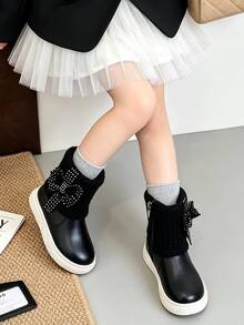 1 Pair Children's Gentle Style Patchwork Ankle Boots With 3D Bow And Shiny Decor, Suitable For Birthday Party, Suitable For Outing Outfit, Suitable For Autumn/Winter - Black - View 3