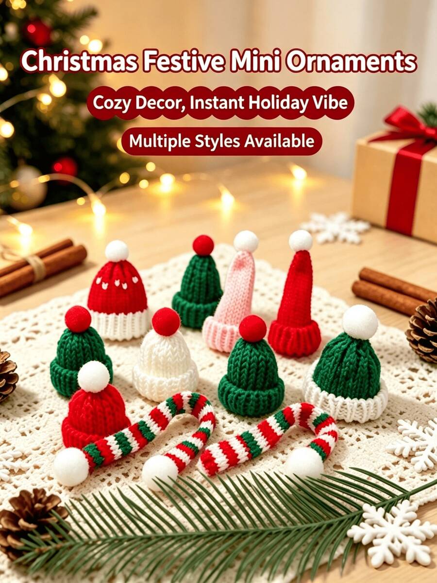 50pcs Mini Knitted Christmas Hats & Scarves Decorations, Christmas Wine Bottle Decor, DIY Handmade Miniature Knitted Toppers, Christmas Tree & Tabletop Holiday Decoration, Assorted Styles