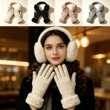 3-Piece Warm Winter Set, Touchscreen Gloves With Plush Earmuffs, Faux Fur Cuffs, Windproof And Cold-Resistant, Outdoor Commuting Accessories, Christmas And Halloween Gift - Multicolor - View 1